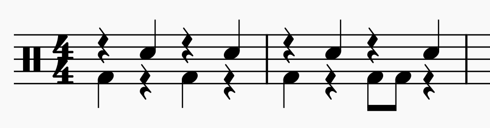 two measures of music notation in 4/4: first measure is quarter notes alternating between kick and snare, second measure is quarter note kick, quarter note snare, eighth note kick, eighth note kick, quarter note snare