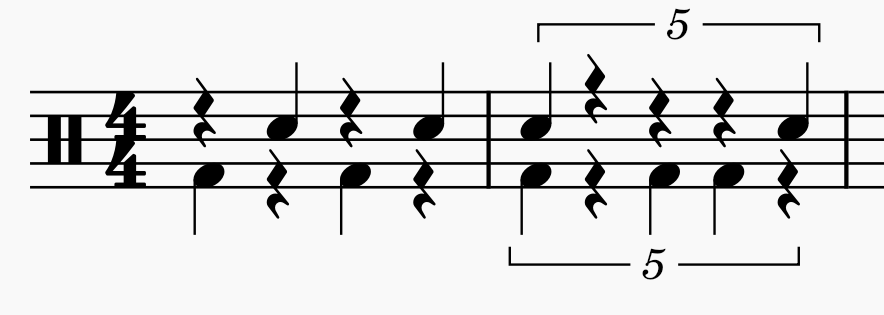 two measures of music notation in 4/4: first measure is quarter notes alternating between kick and snare, second measure is a quintuplet containing the pattern kick, snare, kick, kick, snare
