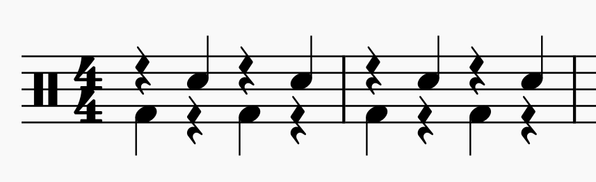 two measures of music notation in 4/4: quarter notes alternating between kick and snare
